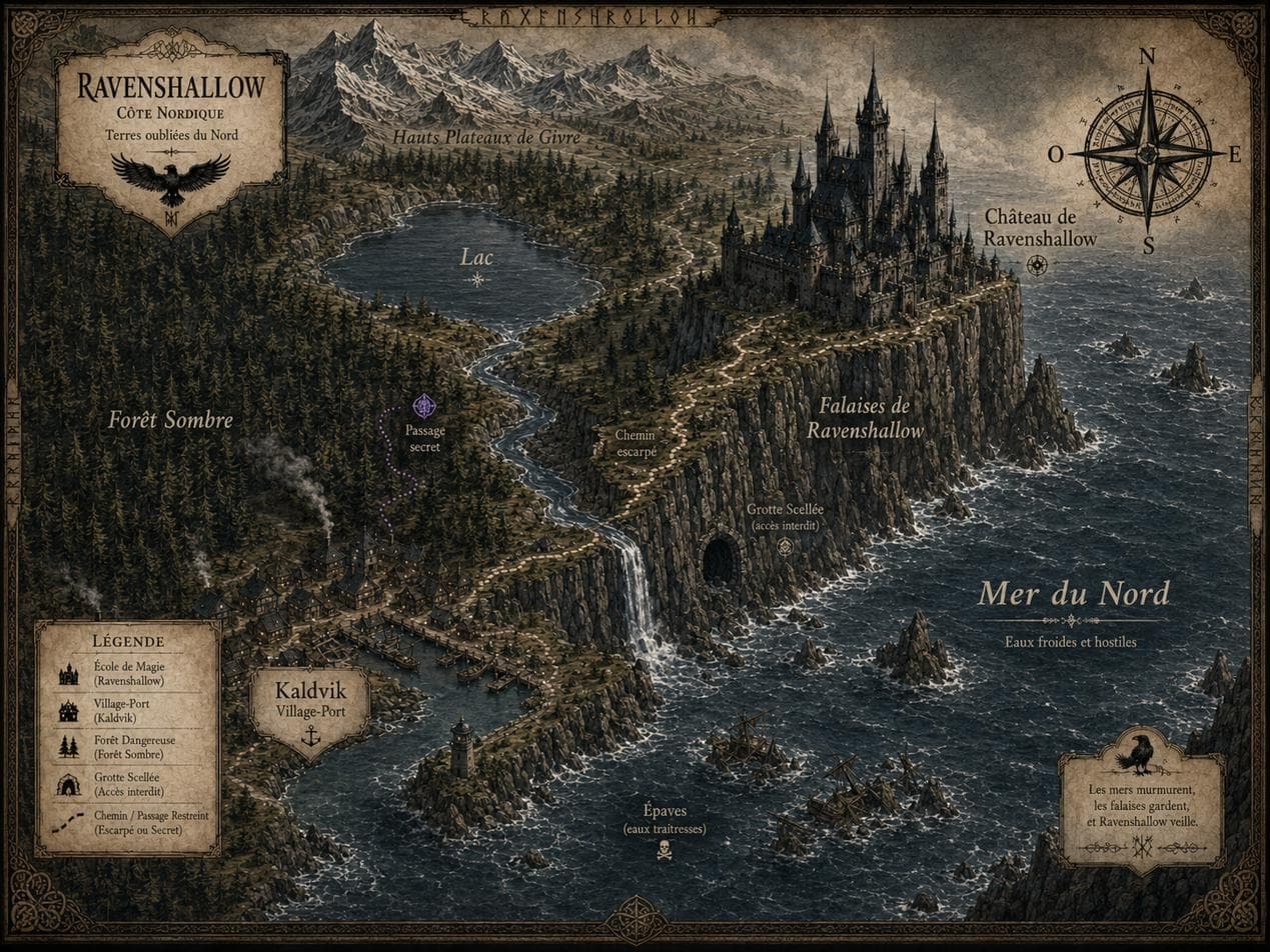 Carte illustrée du domaine de Ravenshallow : le château sur les falaises, le lac, la forêt sombre, le village-port de Kaldvik et la grotte scellée.