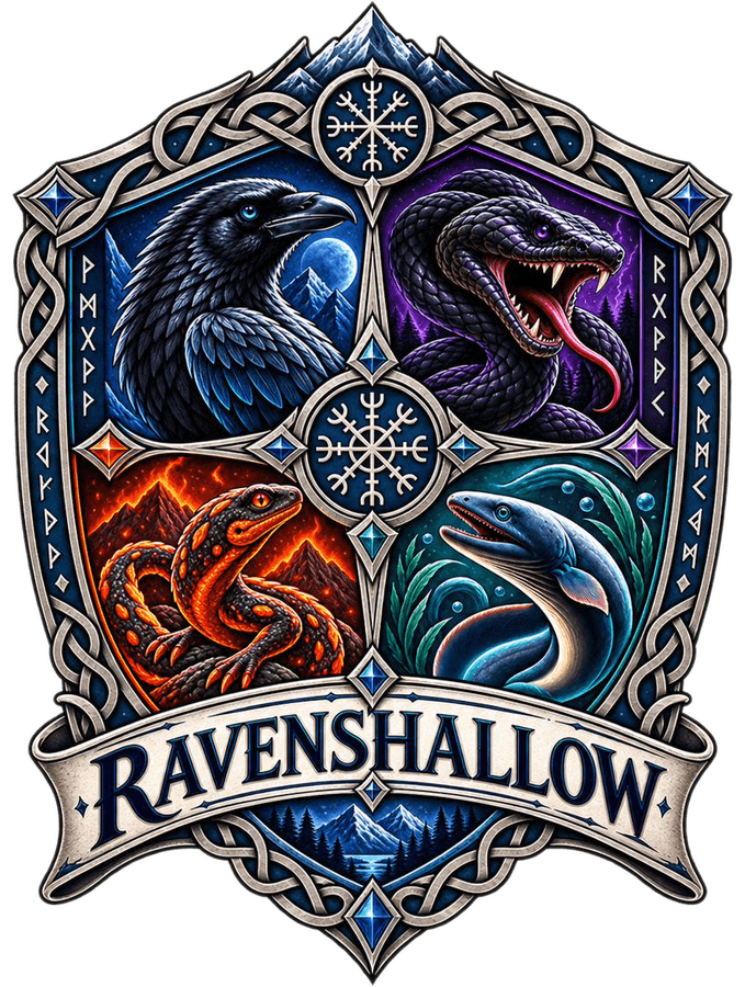 Blason de Ravenshallow : le corbeau, le serpent noir, la salamandre et l'anguille réunis sur un même écu.
